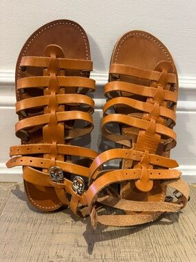 Leather Strappy Gladiator Sandals - Tan